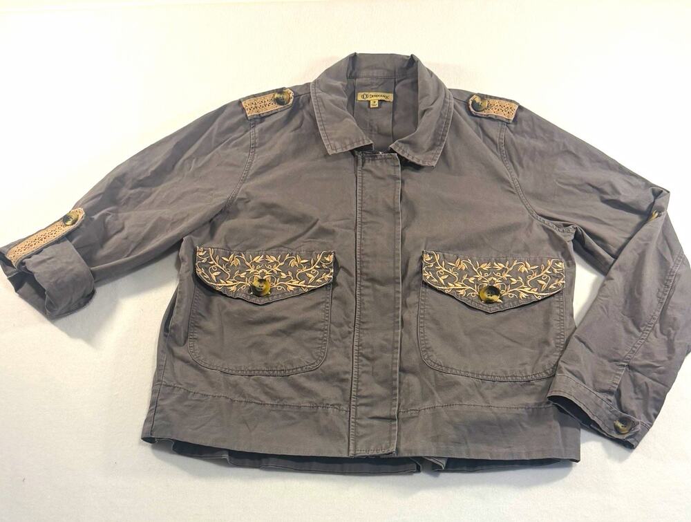 Democracy Women’s Medium Gray Utility Jacket Embroidered Boho Military Roll Tab